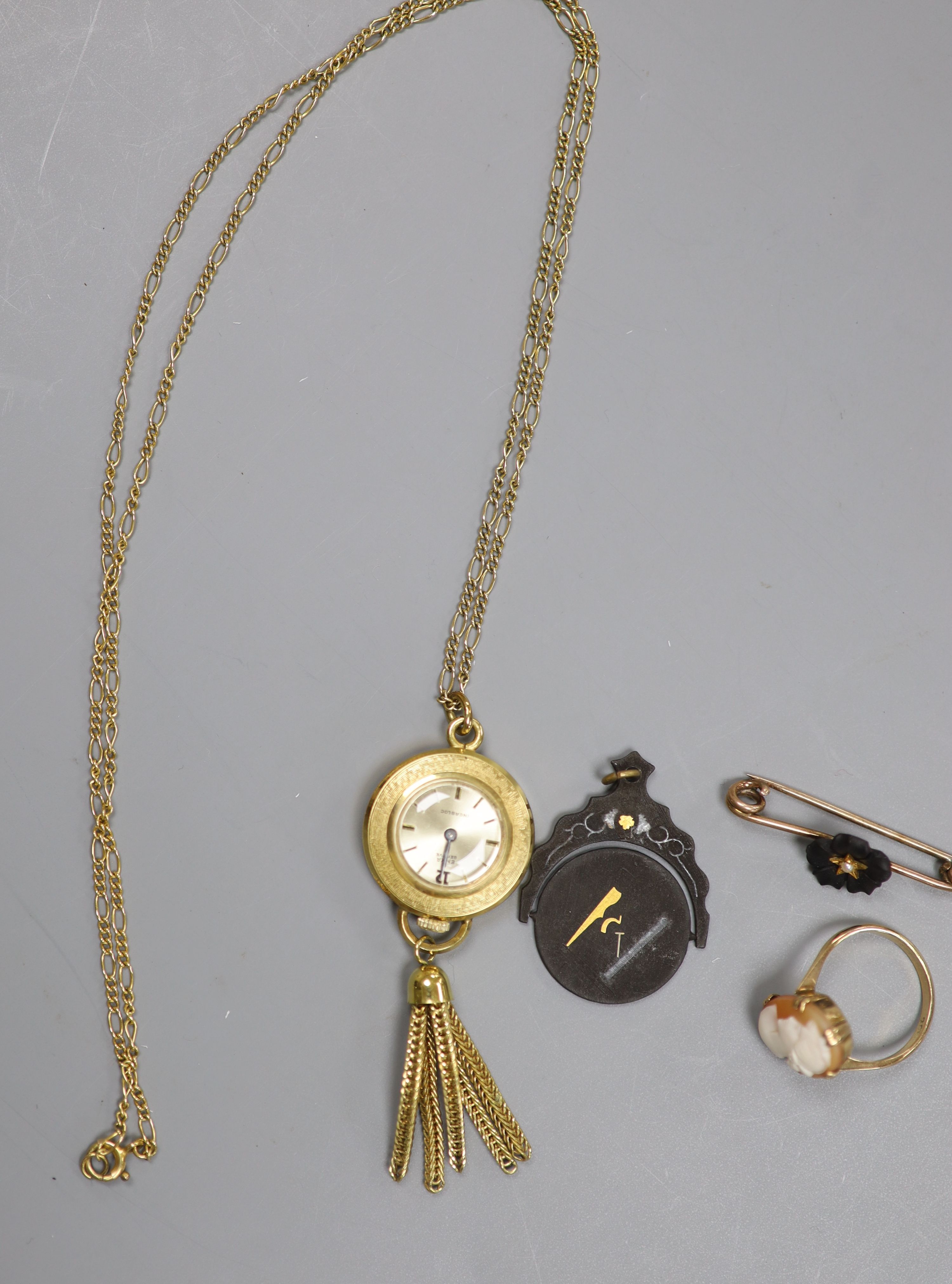 A 9ct and cameo shell ring, a 9ct and chrysoprase ring, a bar brooch, pendant and gilt metal pendant watch on a 9ct chain